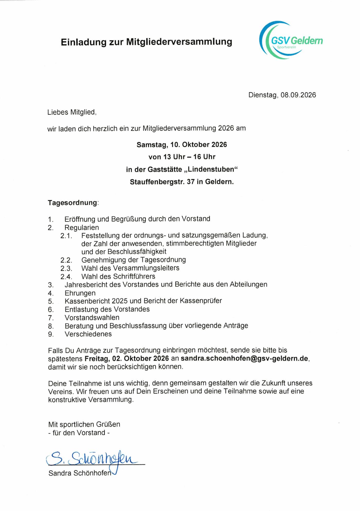 Eingescanntes Einladungsschreiben des GSV Geldern zur Mitgliederversammlung 2026 mit Termin, Ort und Tagesordnung sowie der Unterschrift von Sandra Schönhofen