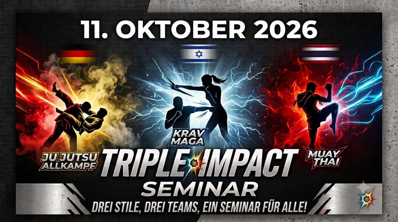 Ankündigungsgrafik zum Triple Impact Seminar am 11. Oktober 2026 mit Silhouetten aus Ju Jutsu, Krav Maga und Muay Thai